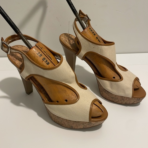 Ann Taylor Loft Brand Women's size 10 Isabelle Canvas T Strap Heels Cork Bottoms - Picture 1 of 8
